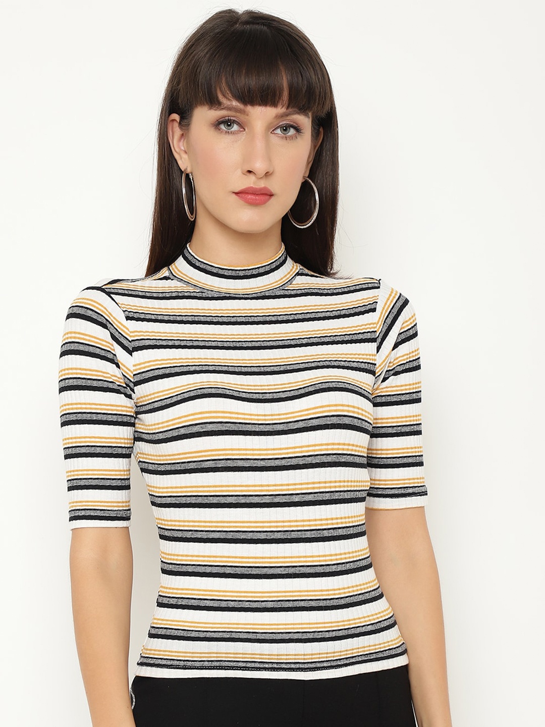 

CHKOKKO Women Mustard Yellow & Black Striped Fitted Top