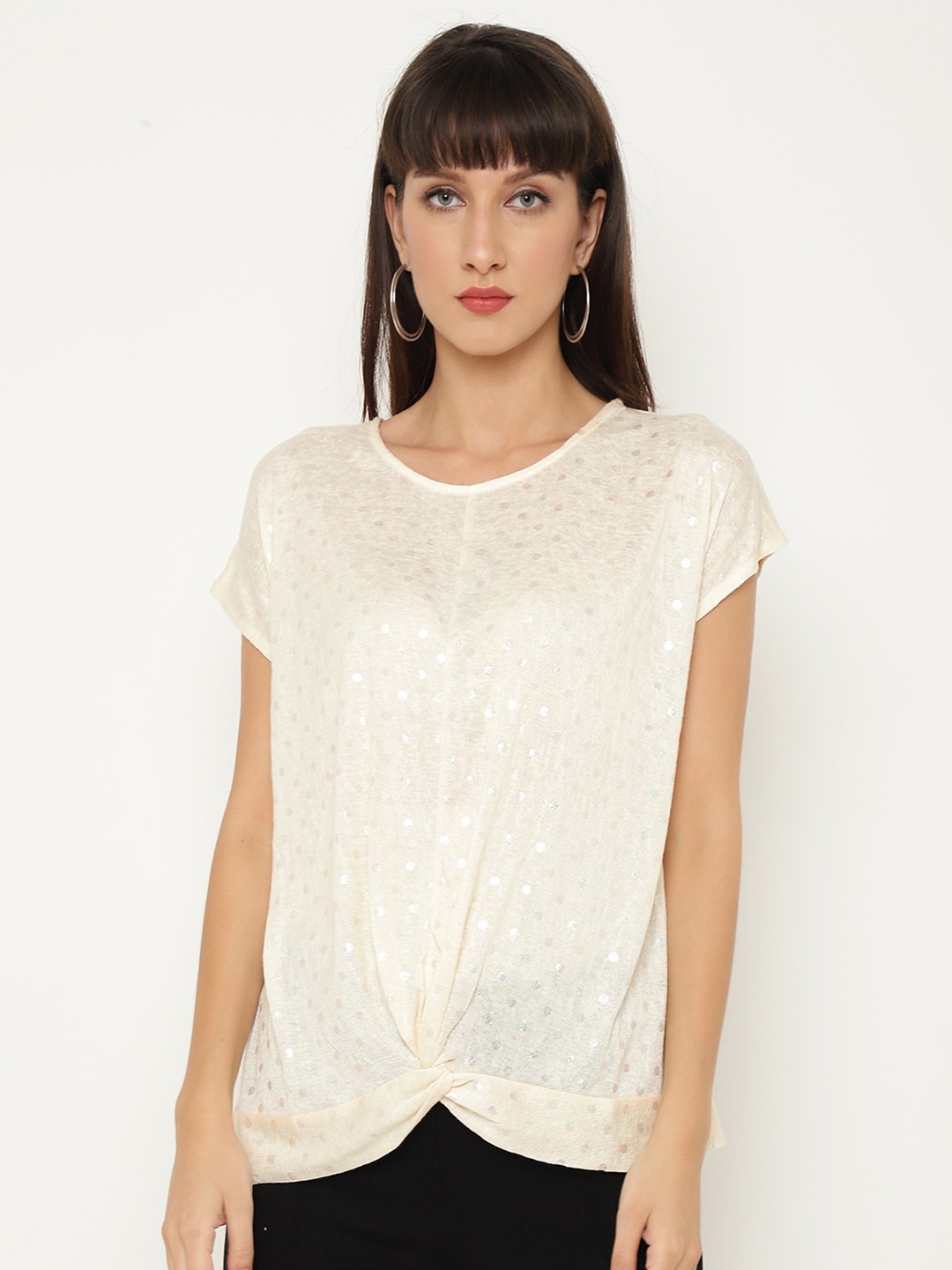 

CHKOKKO Women Cream-Coloured Embellished Extended Sleeves Regular Top