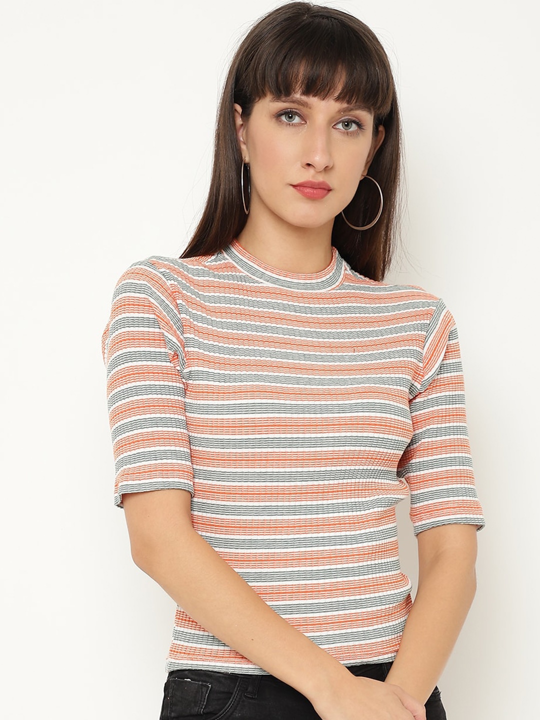 

CHKOKKO Women Orange & Grey Striped Fitted Top