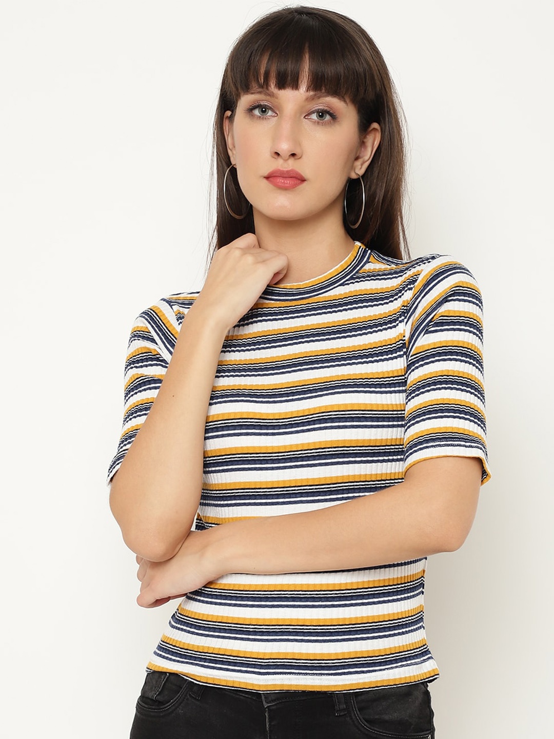 

CHKOKKO Women Mustard Yellow & Navy Blue Striped Fitted Top