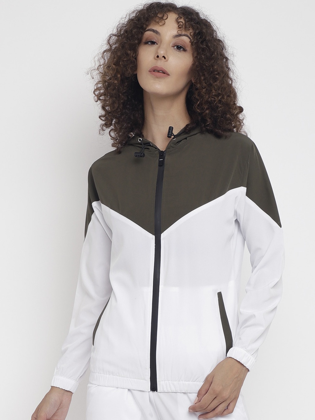 

CHKOKKO Women Olive Green Colourblocked Sporty Jacket