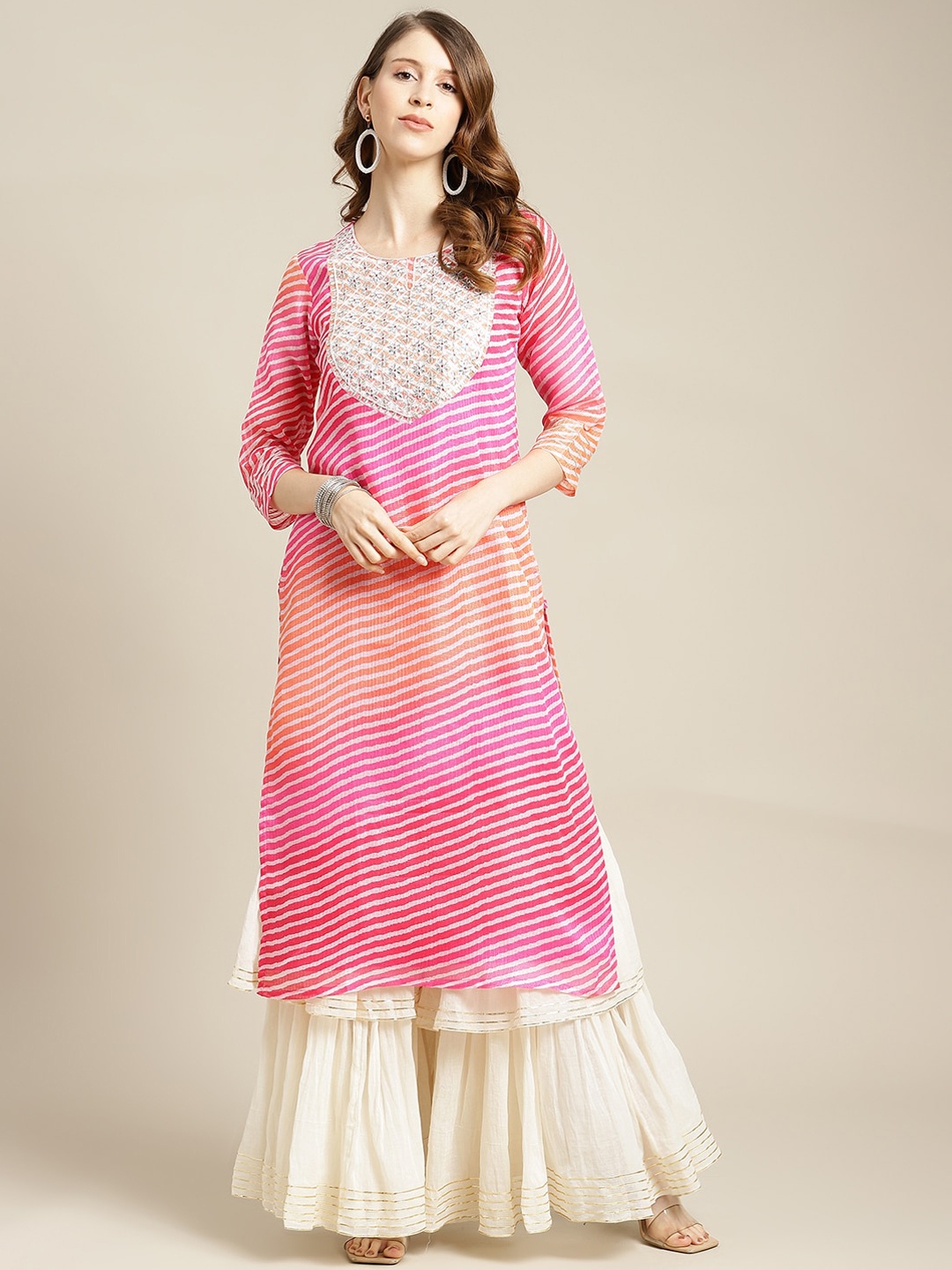 

Varanga Women Pink Leheriya Printed & Embroidered Kurta