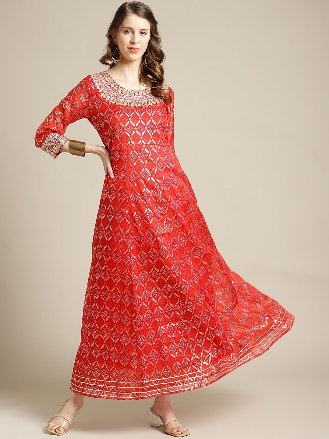 

Varanga Women Red Ethnic Motifs Printed Anarkali Kurta