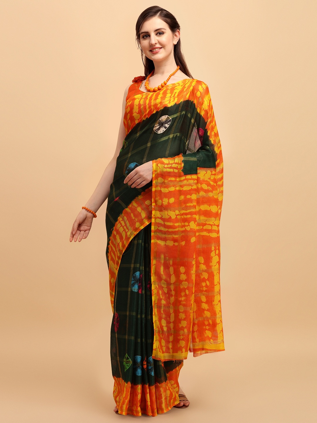 

KALINI Green & Orange Bandhani Fusion Kota Saree