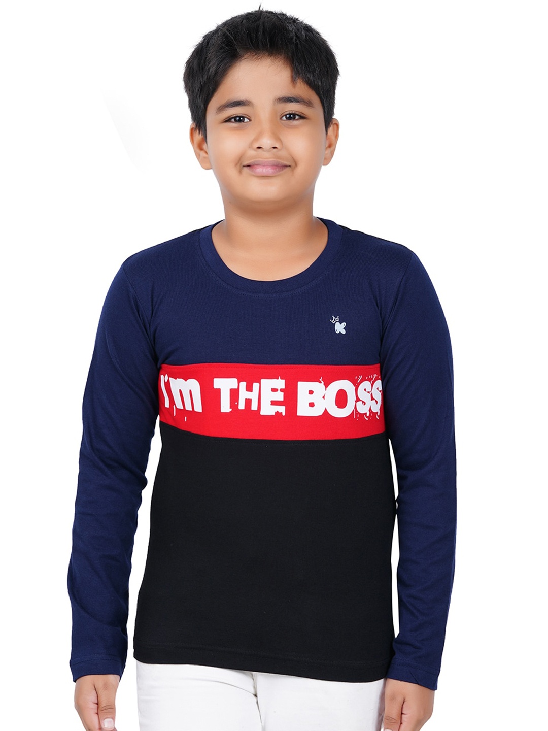 

Kiddeo Boys Navy Blue & Black Typography Colourblocked Slim Fit T-shirt