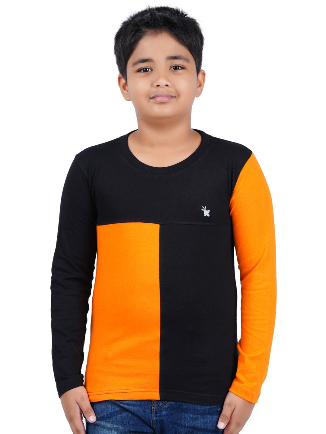 

Kiddeo Boys Orange & Black Colourblocked Slim Fit T-shirt