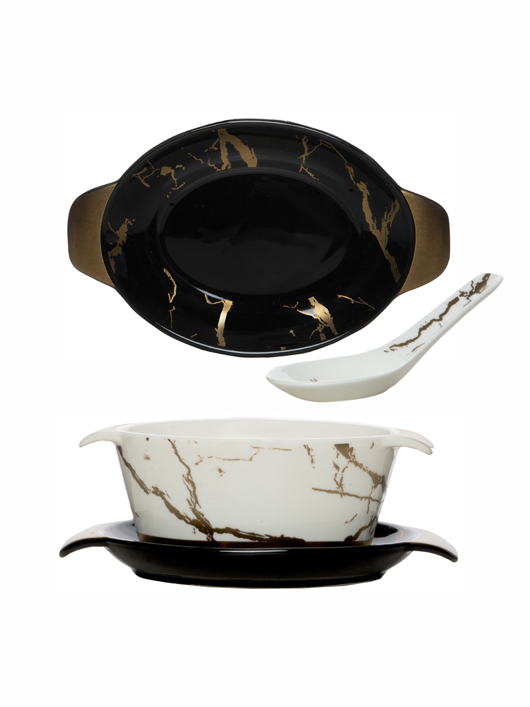 

White Gold Set Of 6 Pcs White & Black Porcelain Glossy Bowls With 6pcs Saucer & 6pcs Spoon