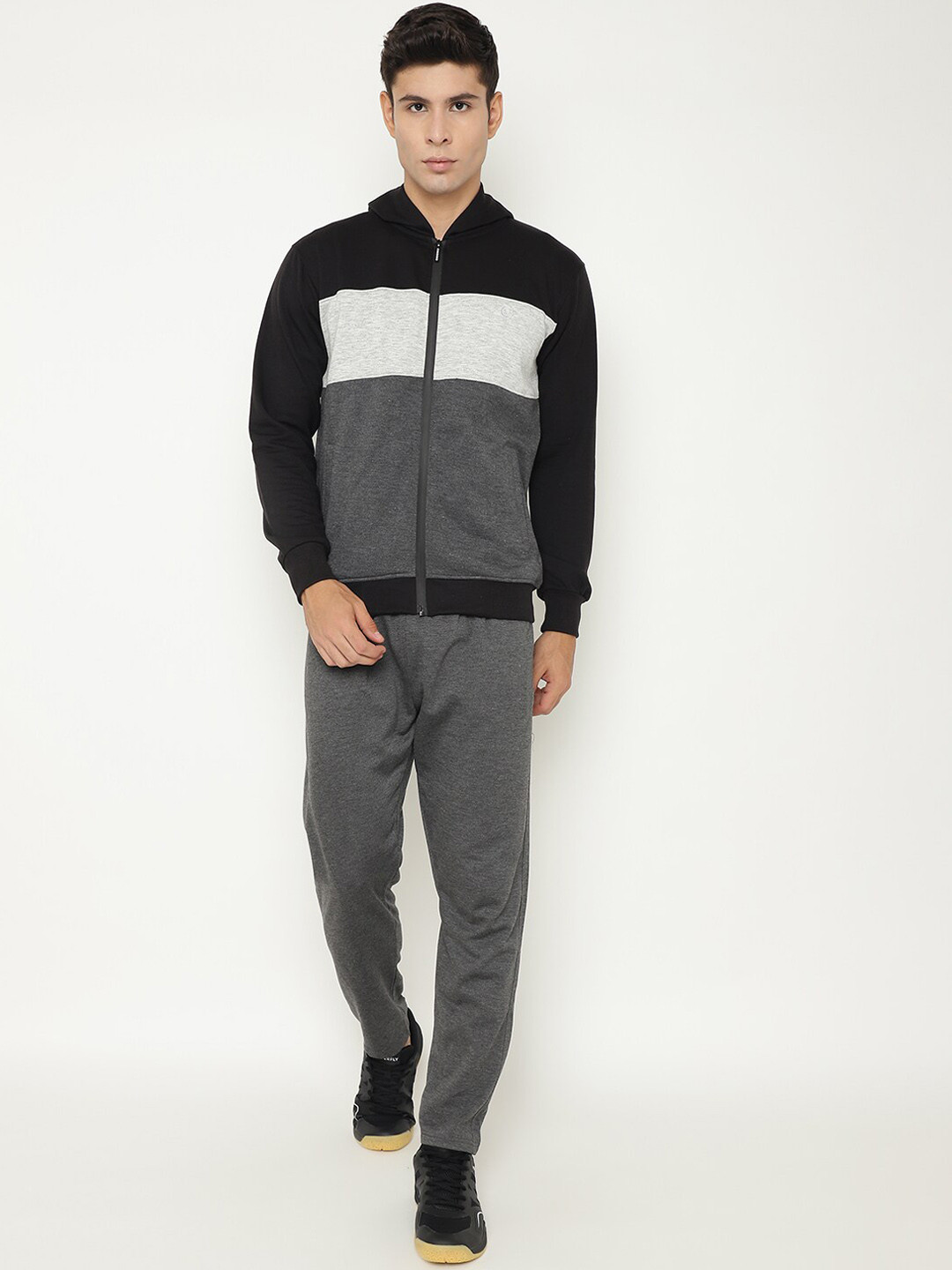 

CHKOKKO Men Black & Grey Colourblocked Cotton Tracksuit