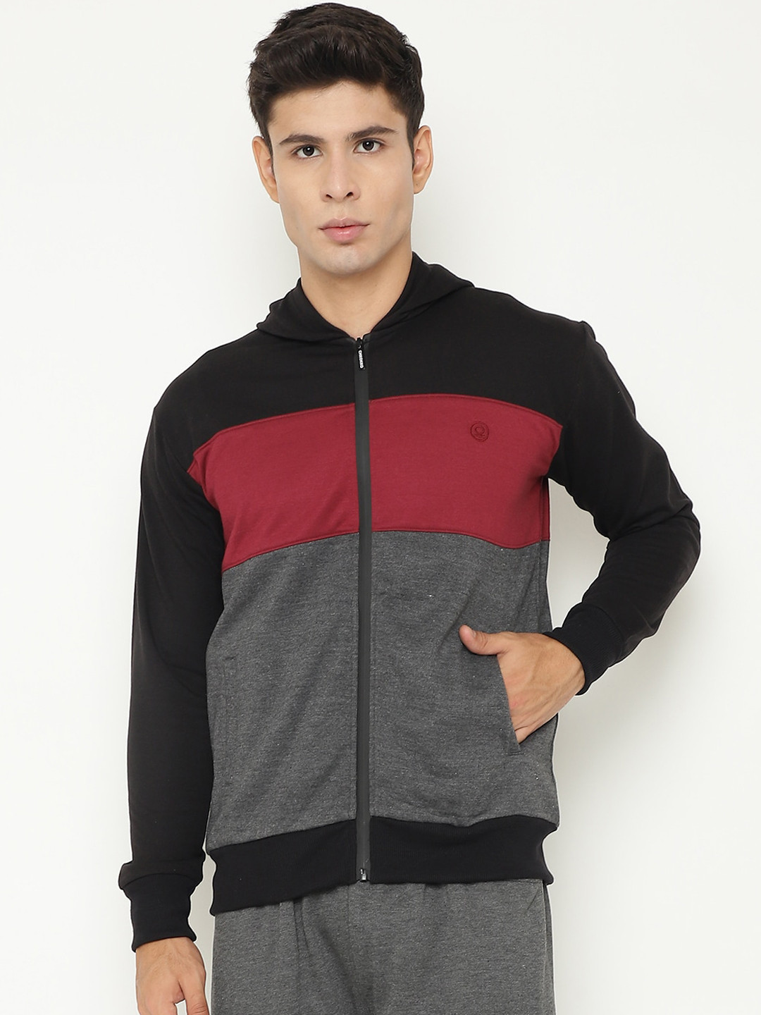 

CHKOKKO Men Black & Maroon Colourblocked Fleece Sporty Jacket