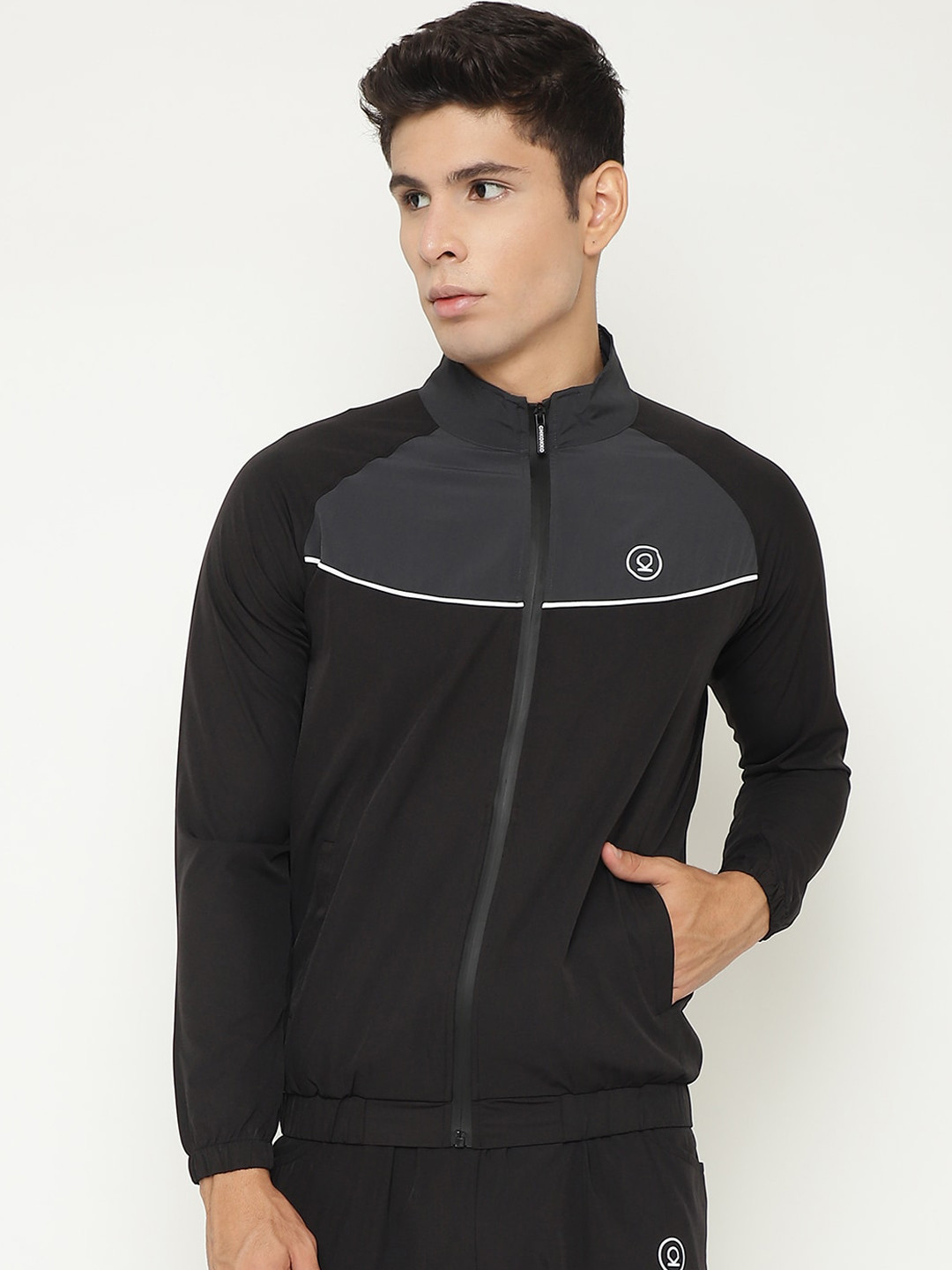 

CHKOKKO Men Grey Black Colourblocked Windcheater and Water Resistant Sporty Jacket