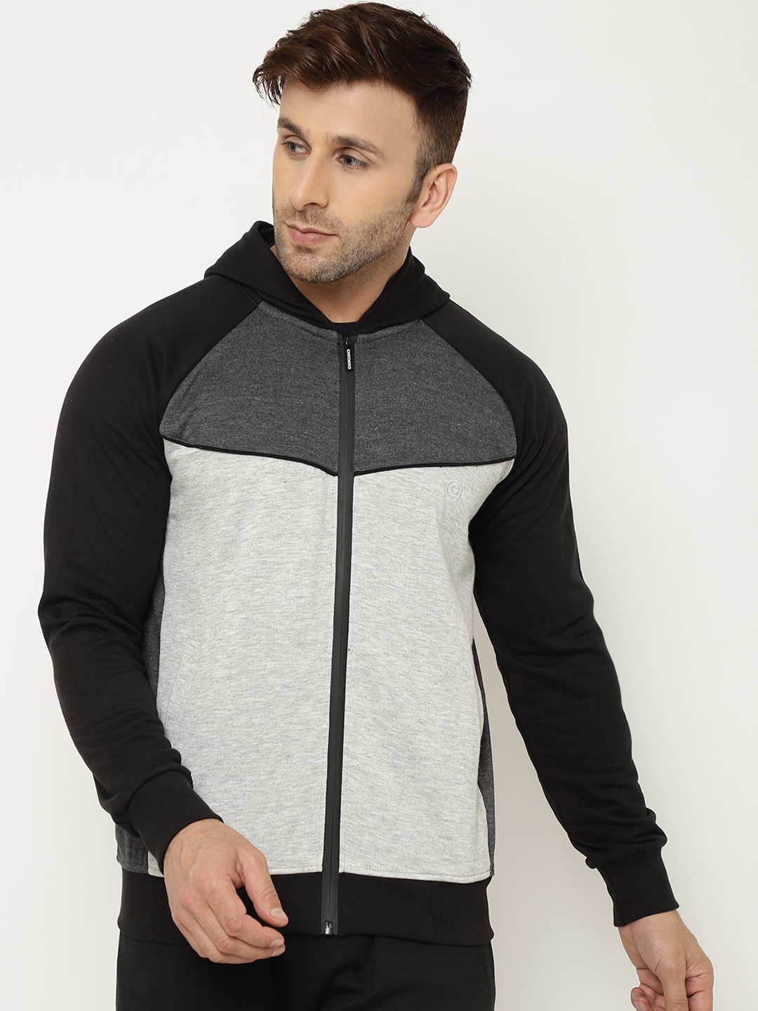 

Chkokko Men Black Grey Colourblocked Fleece Sporty Jacket