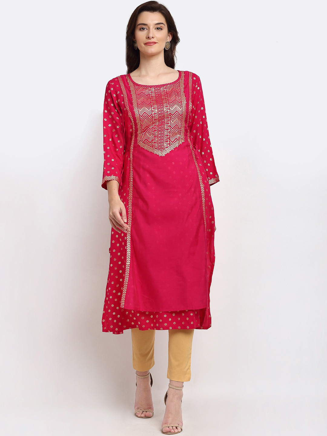 

Lovely Lady Women Magenta & Gold-Toned Ethnic Motifs Printed Kurta