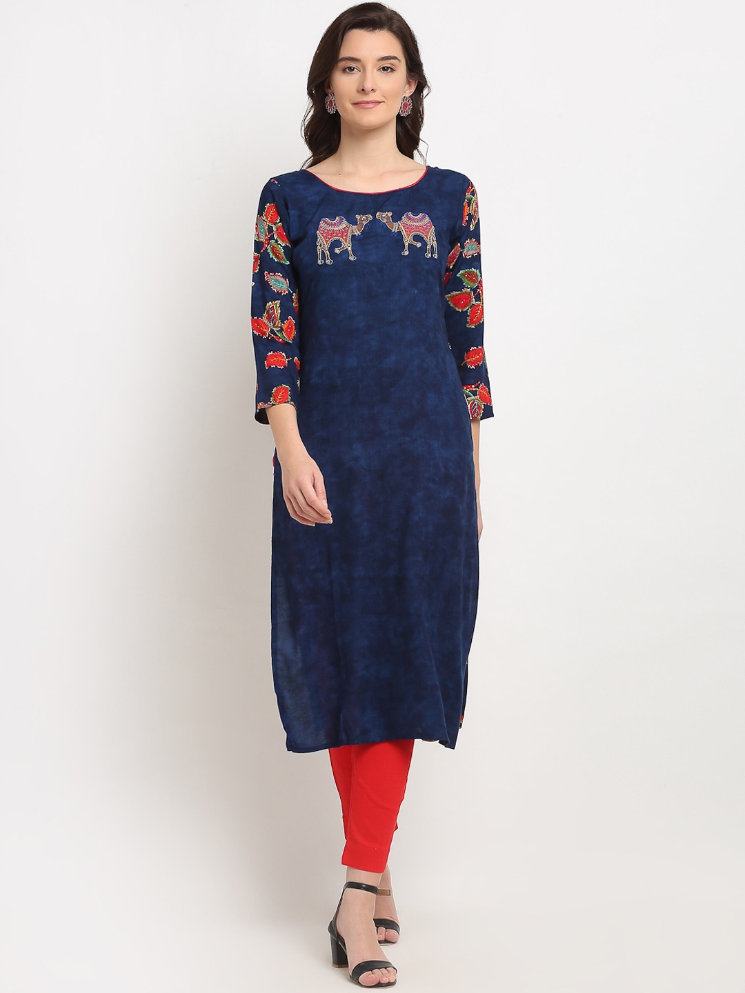 

Lovely Lady Women Navy Blue & Red Embroidered Floral Printed Kurta