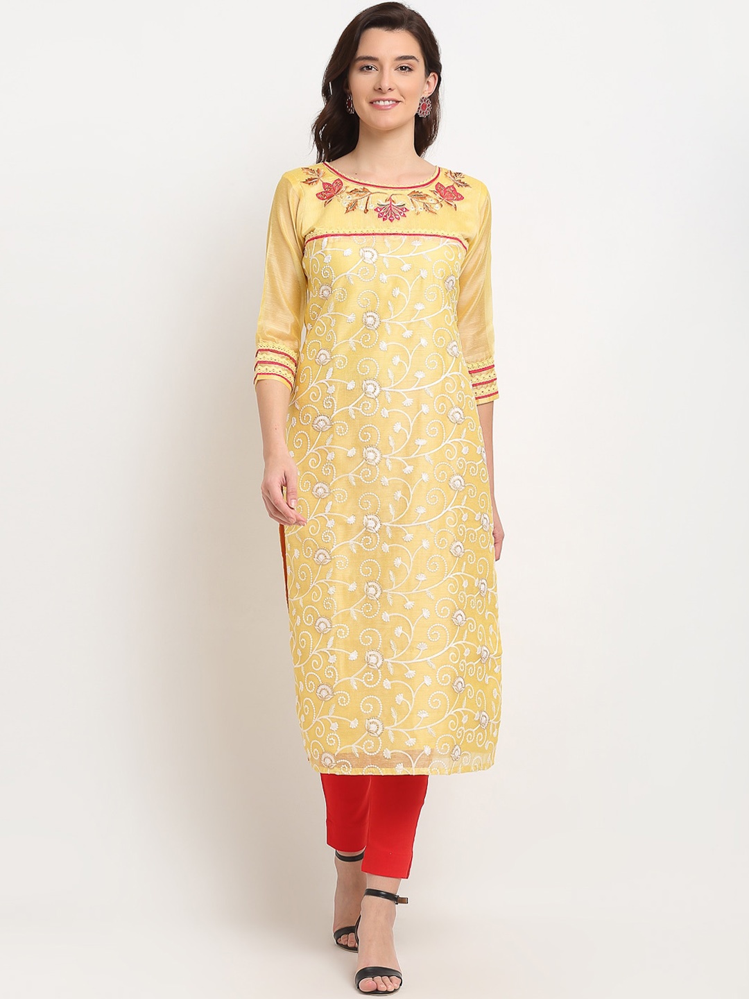 

Lovely Lady Women Beige & White Floral Printed Thread Work Chanderi Silk Kurta