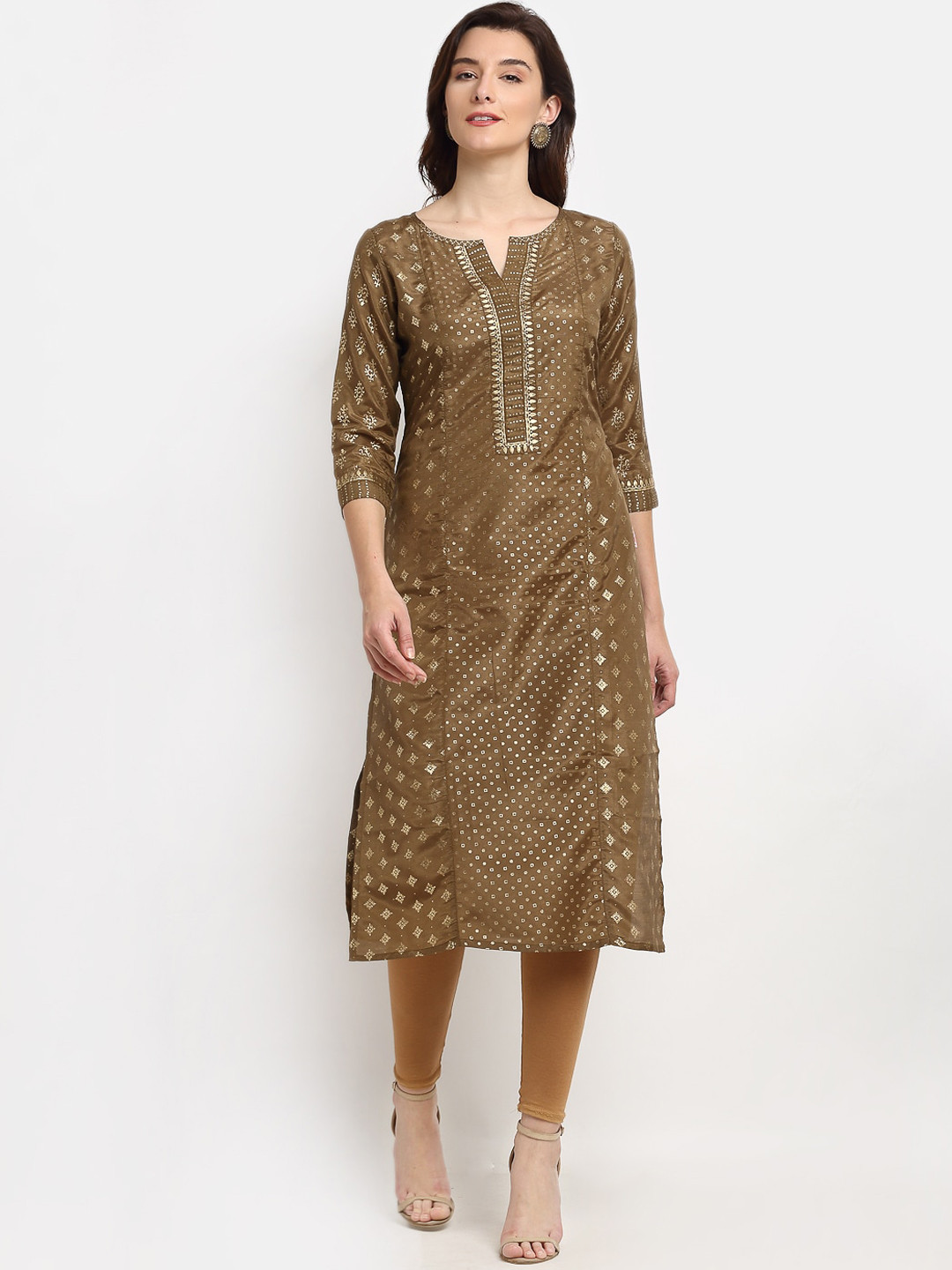 

Lovely Lady Women Grey & Gold-Toned Ethnic Motifs Foil Printed Kurta