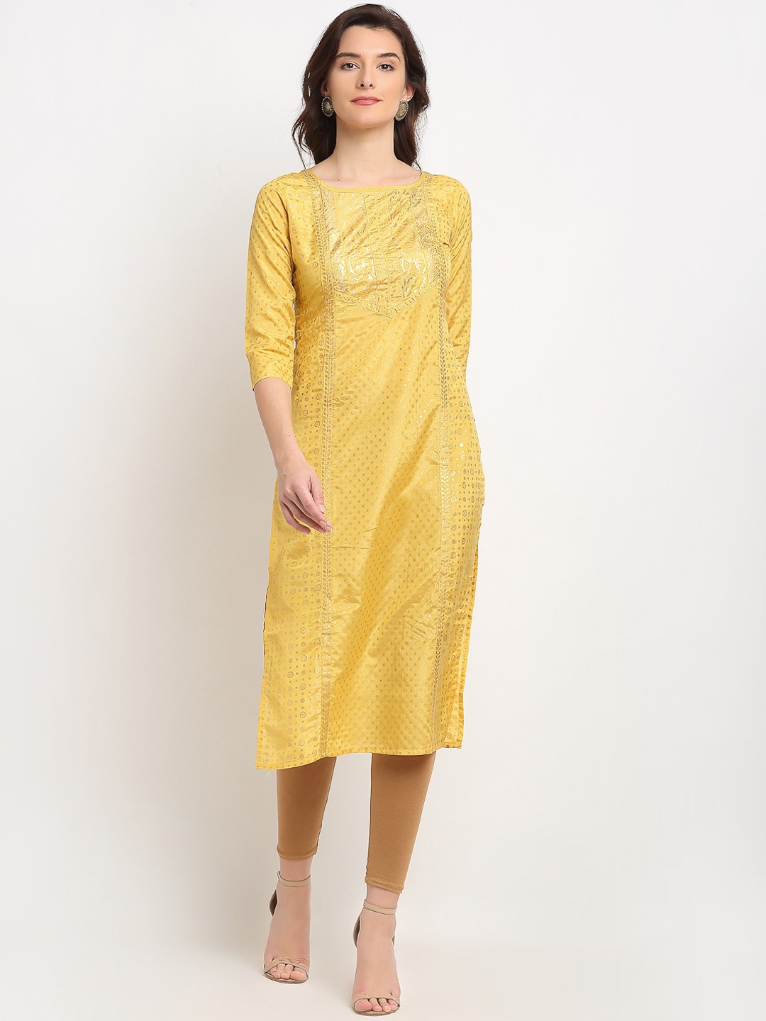 

Lovely Lady Women Mustard Yellow & Gold-Toned Ethnic Motifs Foil Printed Kurta