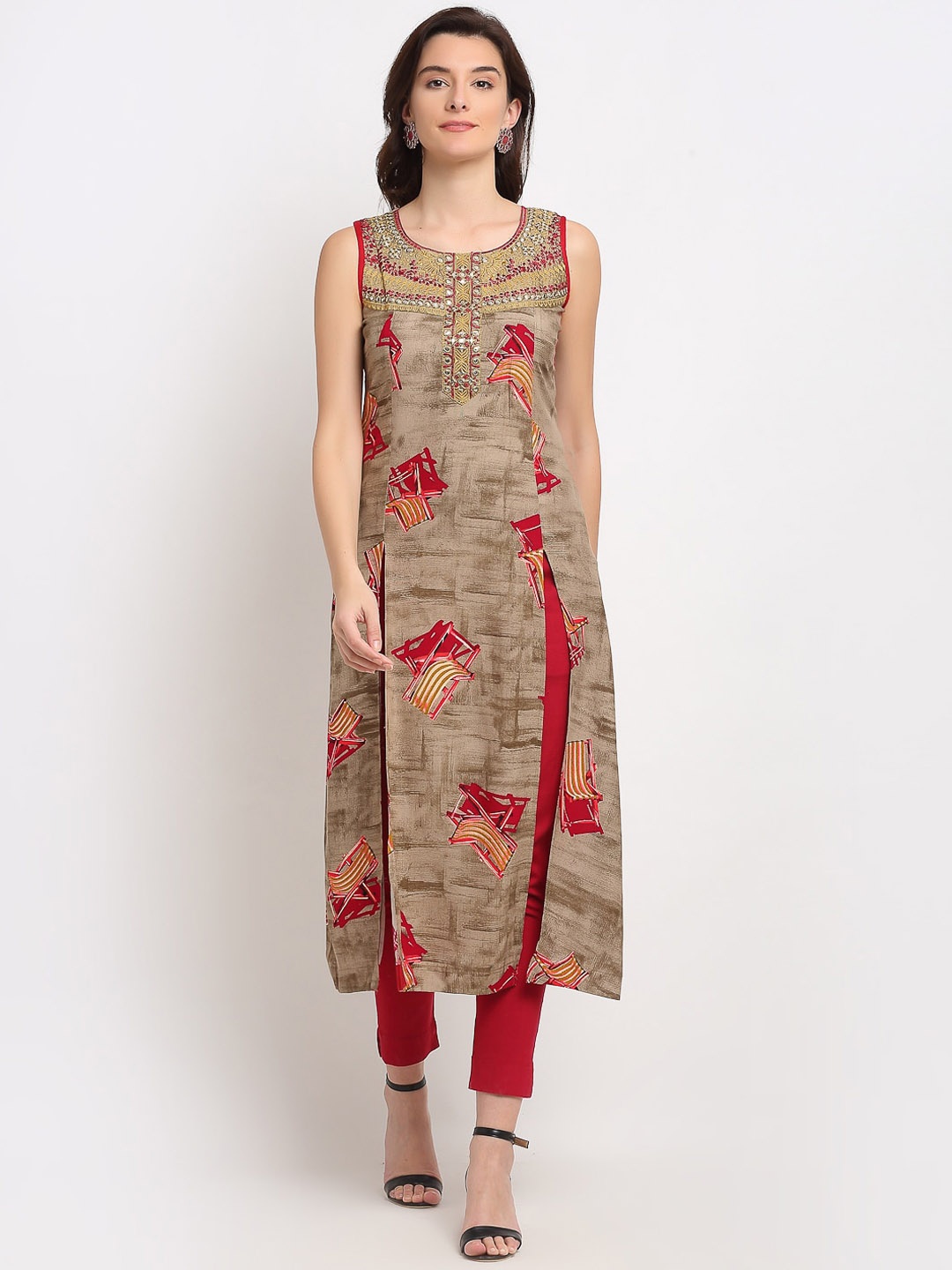 

Lovely Lady Women Grey & Red Quirky Printed Embroidered Kurta