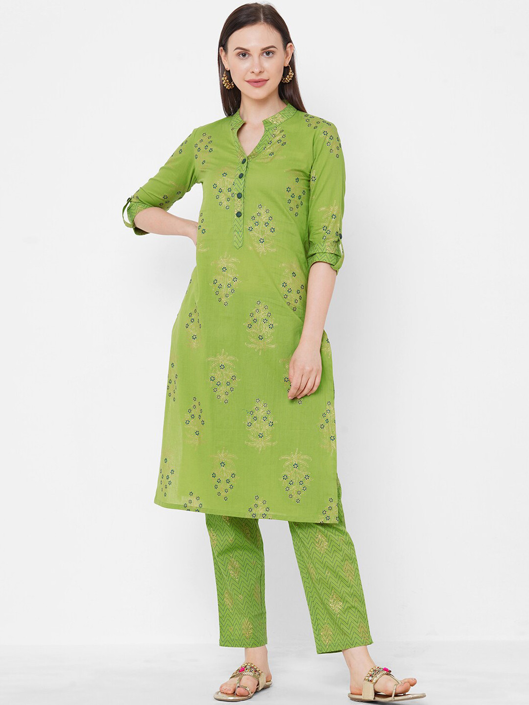 

Aprique FAB Women Green & Gold Coloured Ethnic Foil Printed Cotton Kurta with Trousers