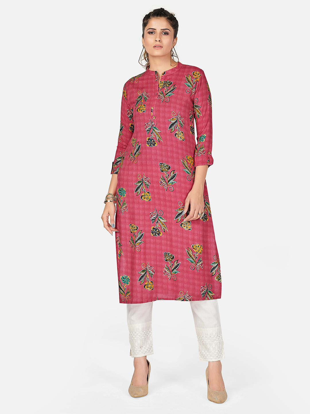 

Vbuyz Women Pink & Green Ethnic Motifs Foil Printed Straight Kurta