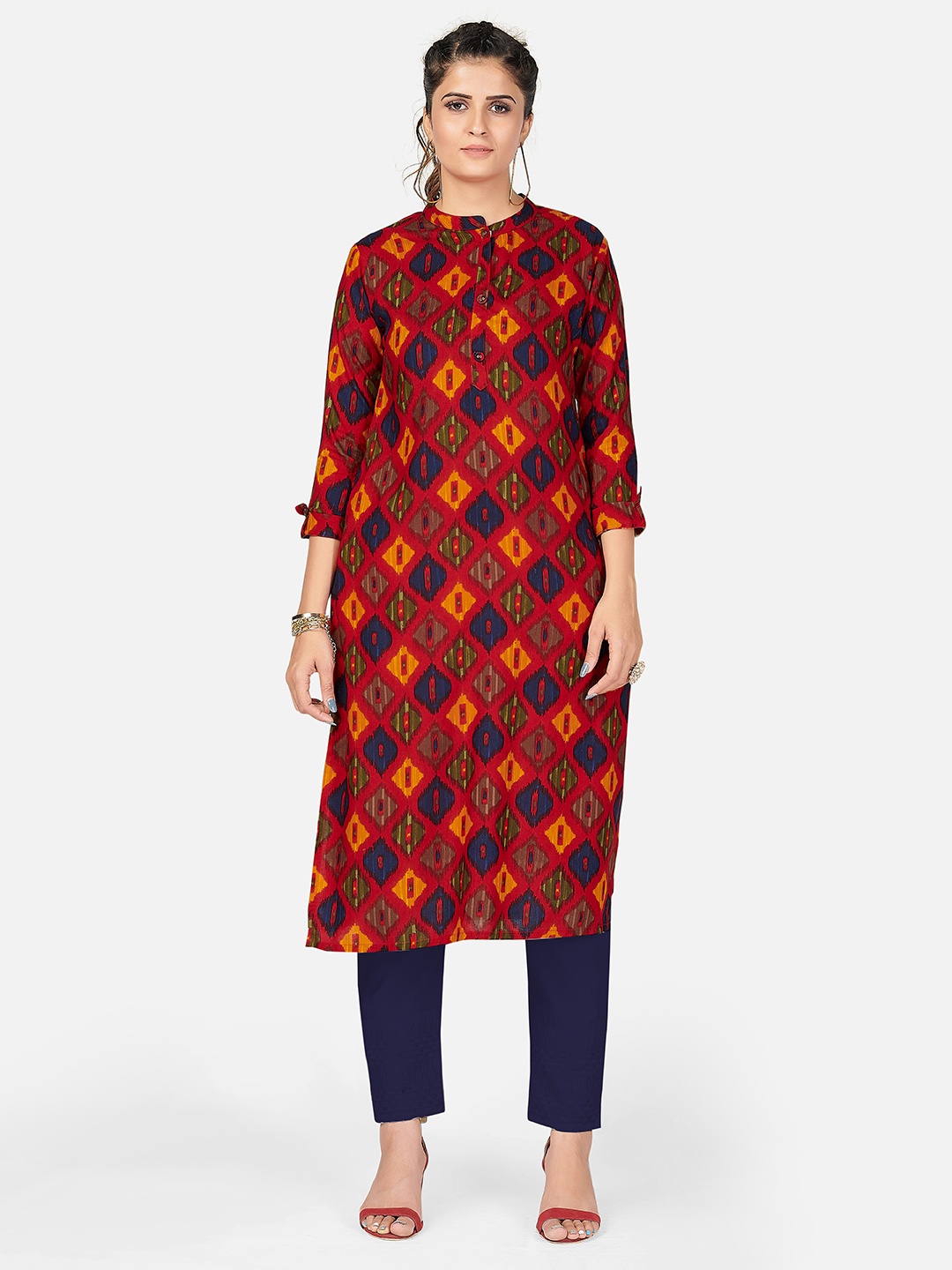 

Vbuyz Women Red & Blue Ethnic Motifs Printed Straight Kurta