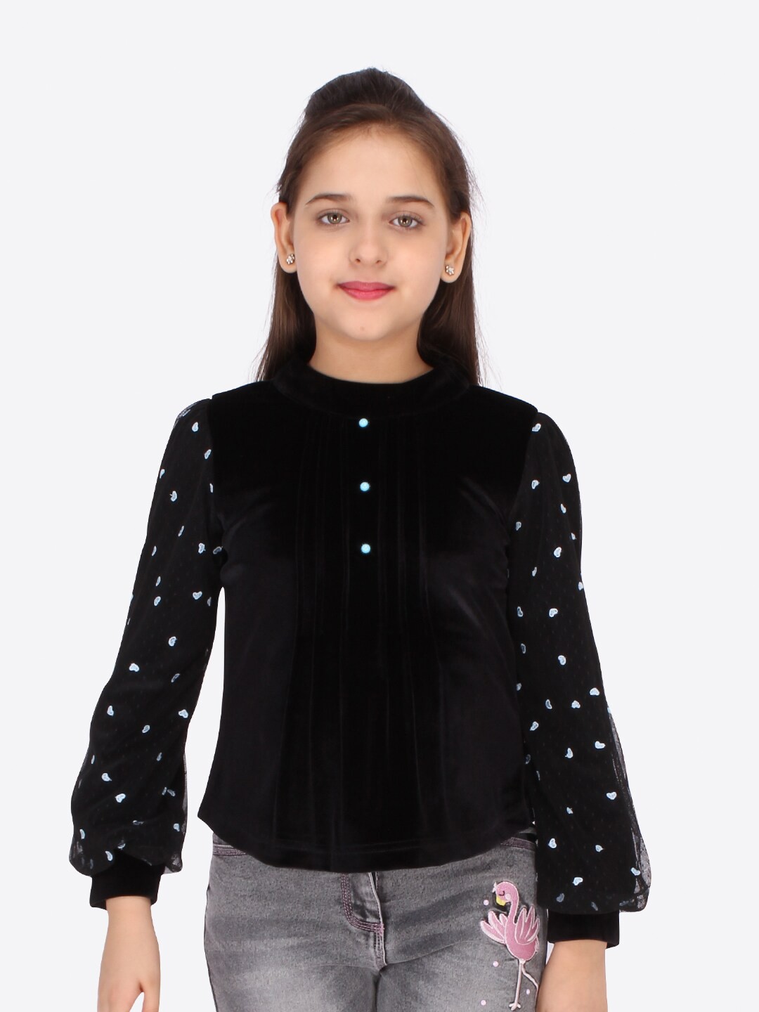 

CUTECUMBER Girls Black & White Mandarin Collar Printed Regular Top