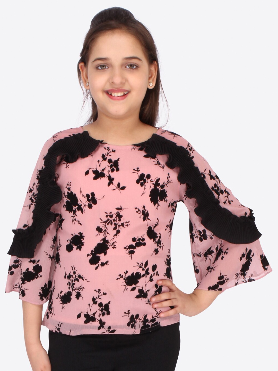 

CUTECUMBER Girls Pink & Black Floral Ruffles Georgette Regular Top
