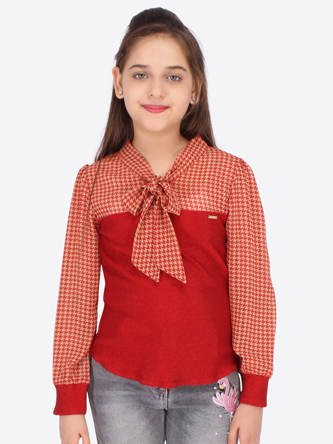 

CUTECUMBER Girls Red Tie-Up Neck Checked Regular Top