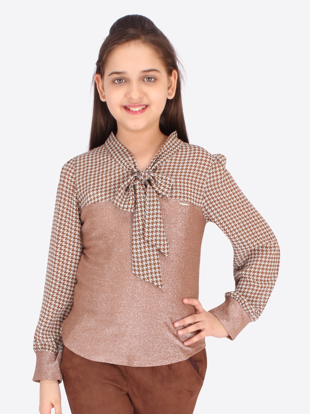 

CUTECUMBER Girls Brown Checked Tie-Up Neck Regular Top