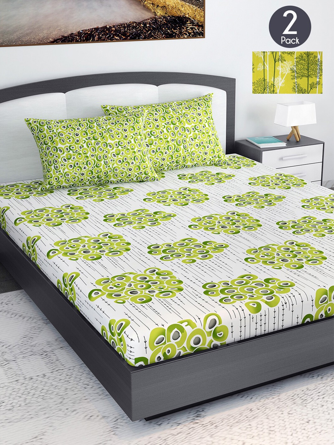 

Divine Casa Set Of 2 Green & White Floral 144 TC King Bedsheet with 4 Pillow Covers