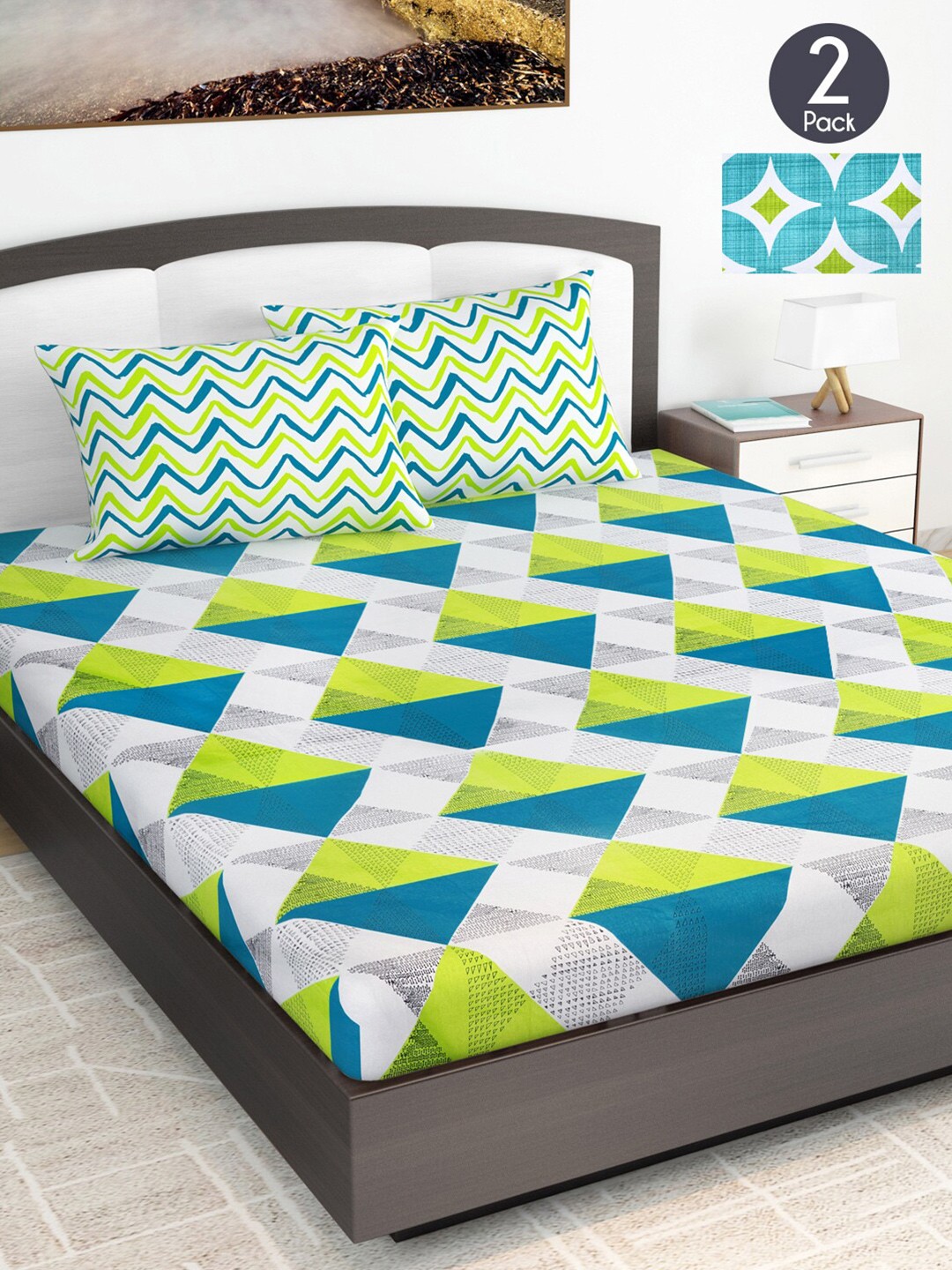 

Divine Casa Set Of 2 Green & Blue Geometric 144 TC King Bedsheet with 4 Pillow Covers