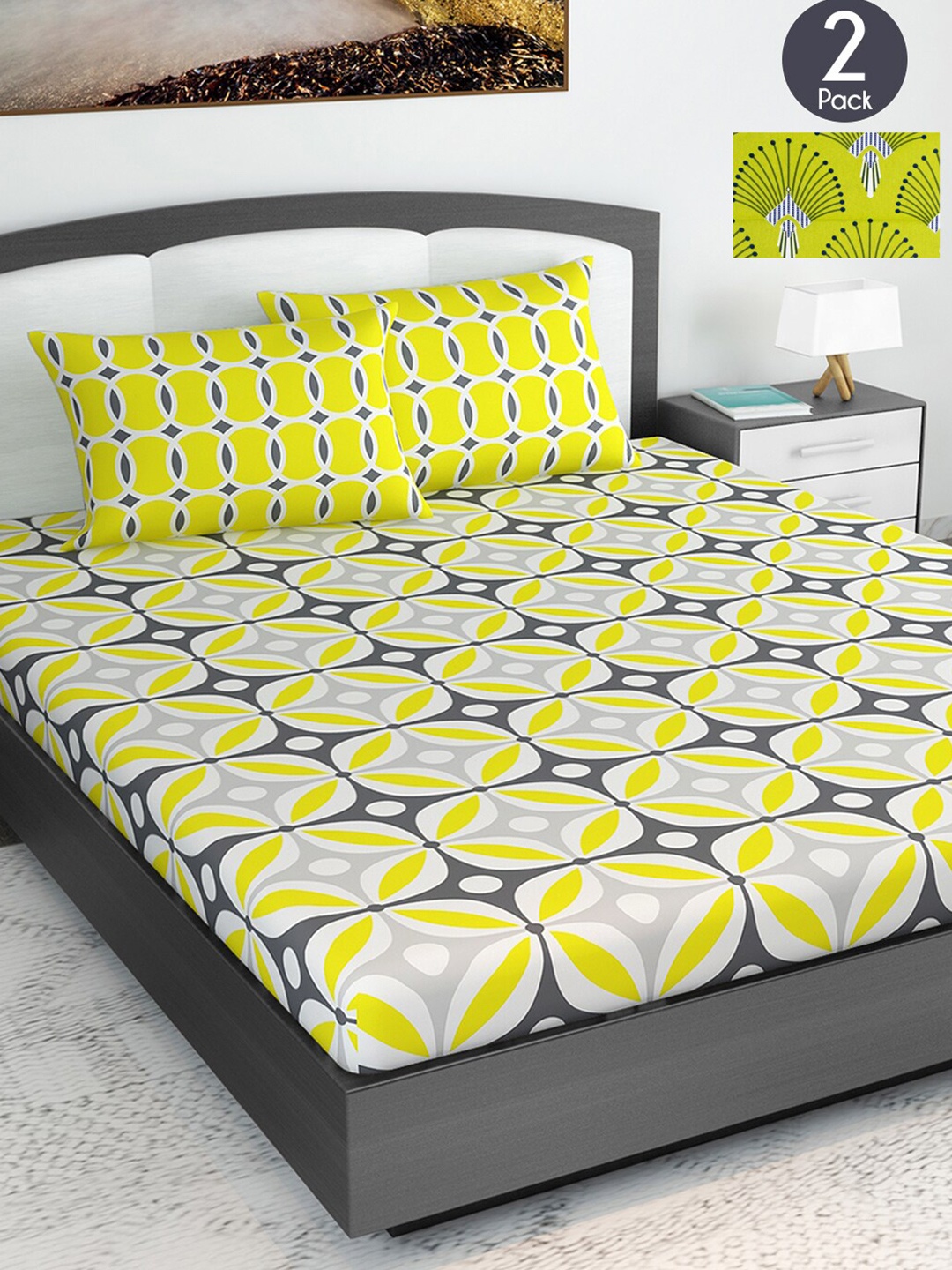 

Divine Casa Set Of 2 Yellow & Green Geometric 144 TC King Bedsheet with 4 Pillow Covers