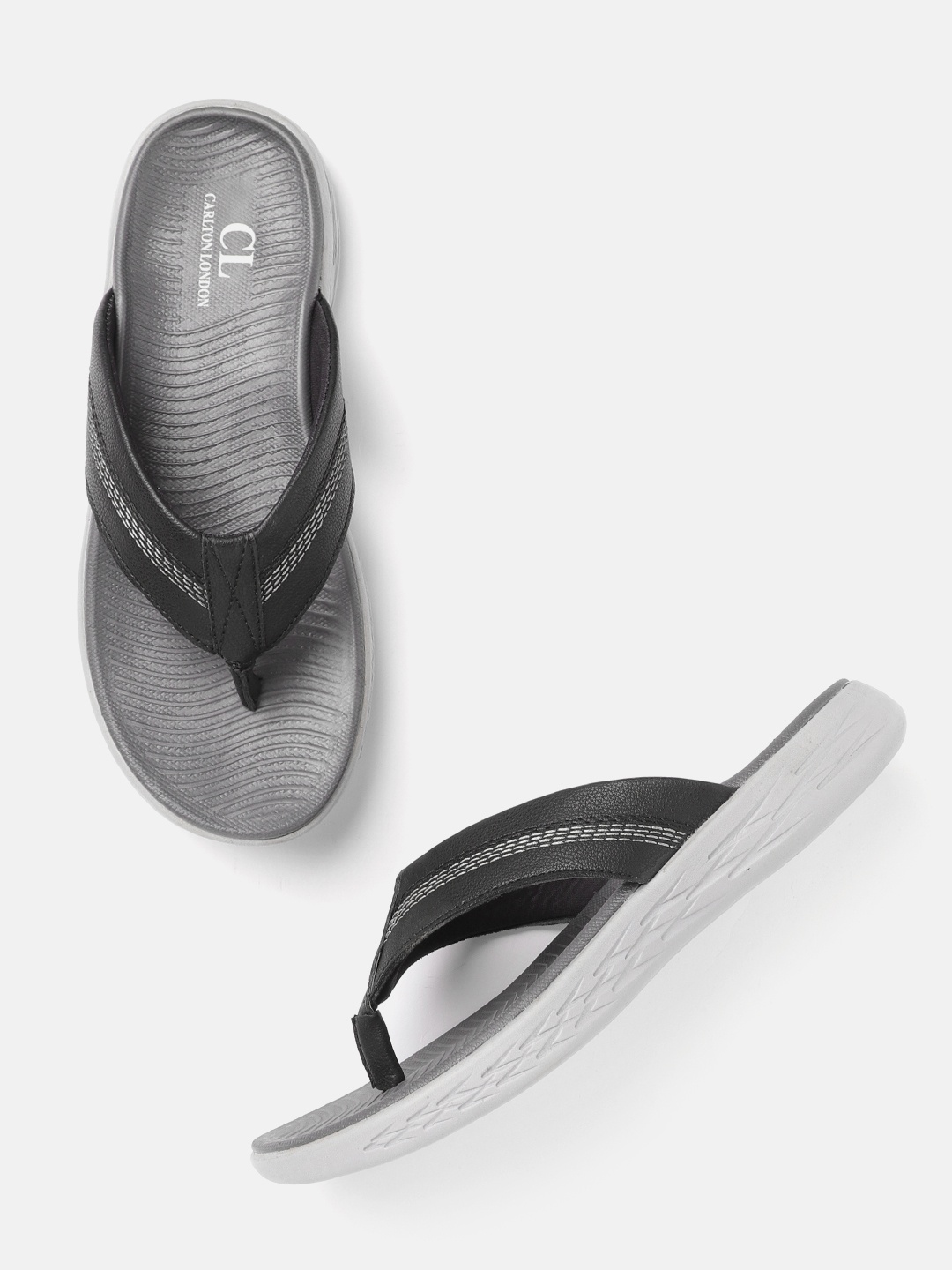 

Carlton London Men Black & Grey Comfort Sandals with Thread-Work