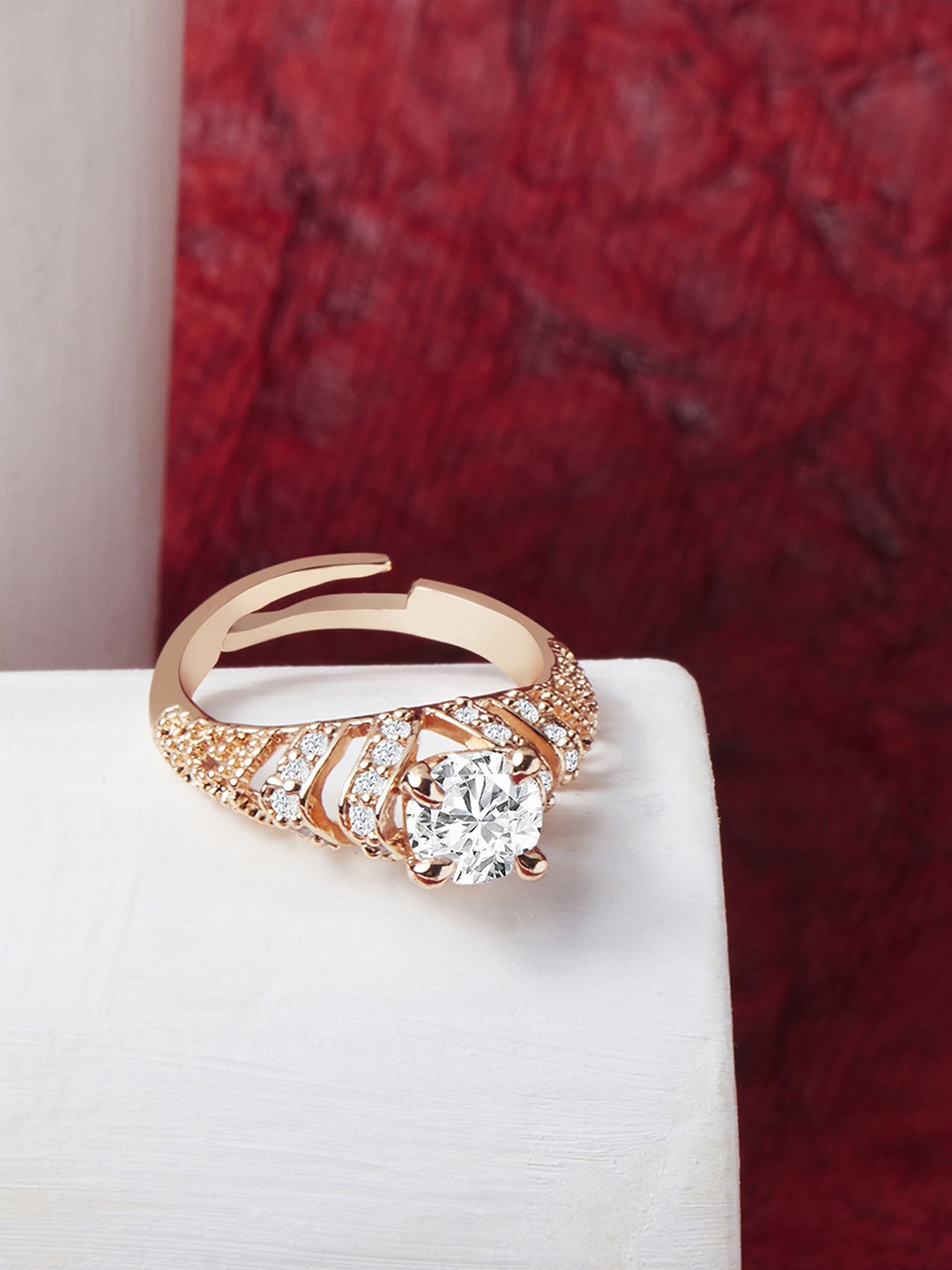 

AMI Rose Gold-Plated White CZ-Studded Adjustable Finger Ring