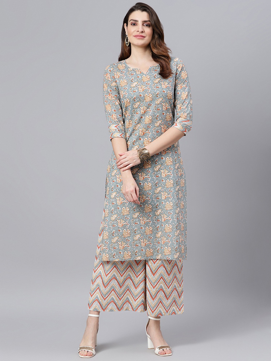 

Idalia Women Grey Ethnic Motifs Printed Pure Cotton Kurta with Palazzos