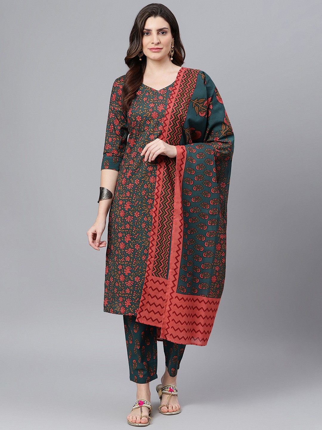 

Idalia Women Green Ethnic Motifs Printed Pure Cotton Kurta with Trousers & Dupatta