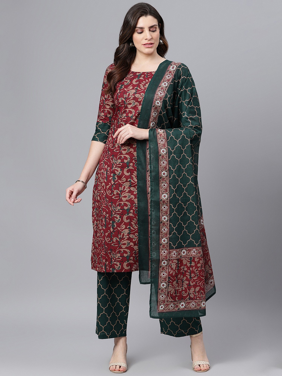 

Idalia Women Maroon Ethnic Motifs Printed Pure Cotton Kurta with Trousers & Dupatta