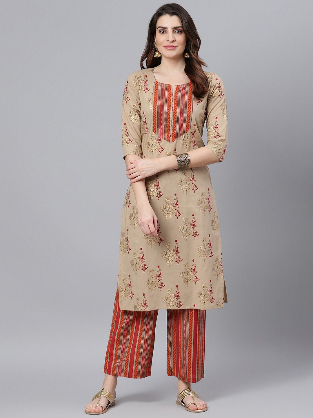 

Idalia Women Ethnic Motifs Printed Pure Cotton Kurta with Palazzos, Beige