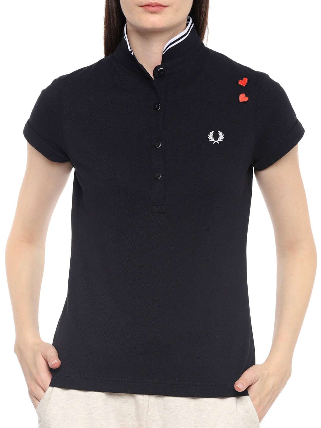 

Fred Perry Women Black Mandarin Collar Applique T-shirt
