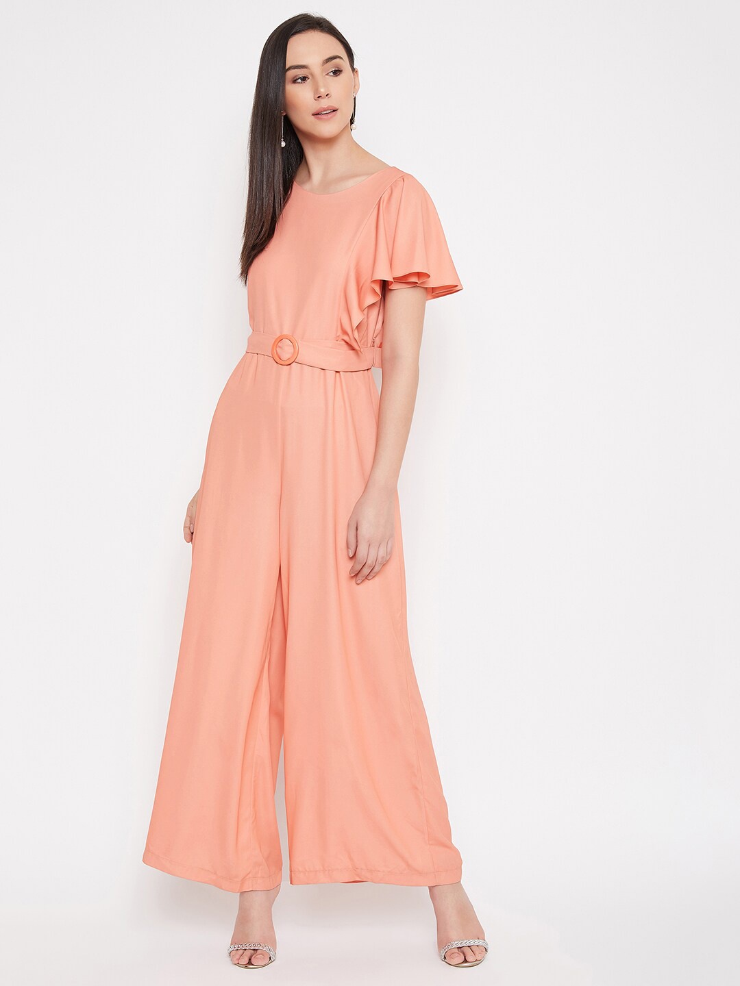 

Madame Women Coral Solid Basic Jumpsuit With Waist Tie-Ups