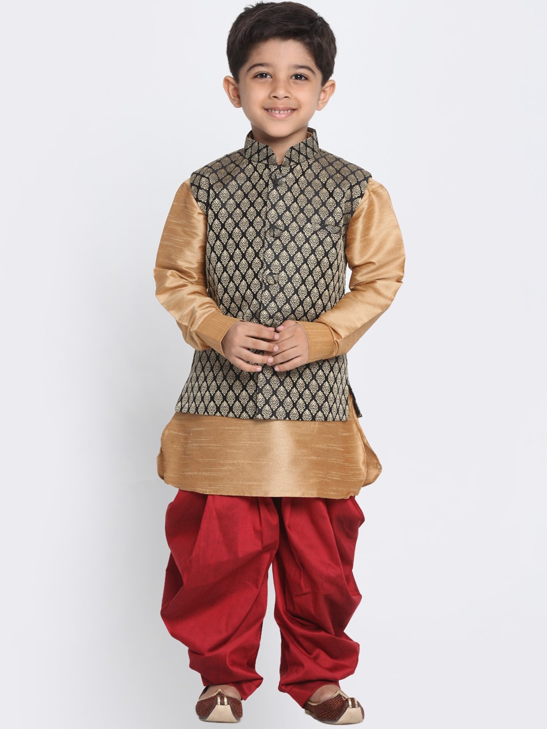 

VASTRAMAY Boys Gold-Toned & Red Regular Kurta with Dhoti Pants