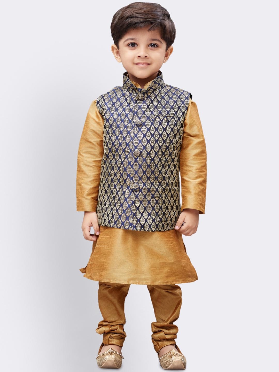 

VASTRAMAY Boys Gold-Toned Regular Kurta & Churidar With Nehru Jacket Set
