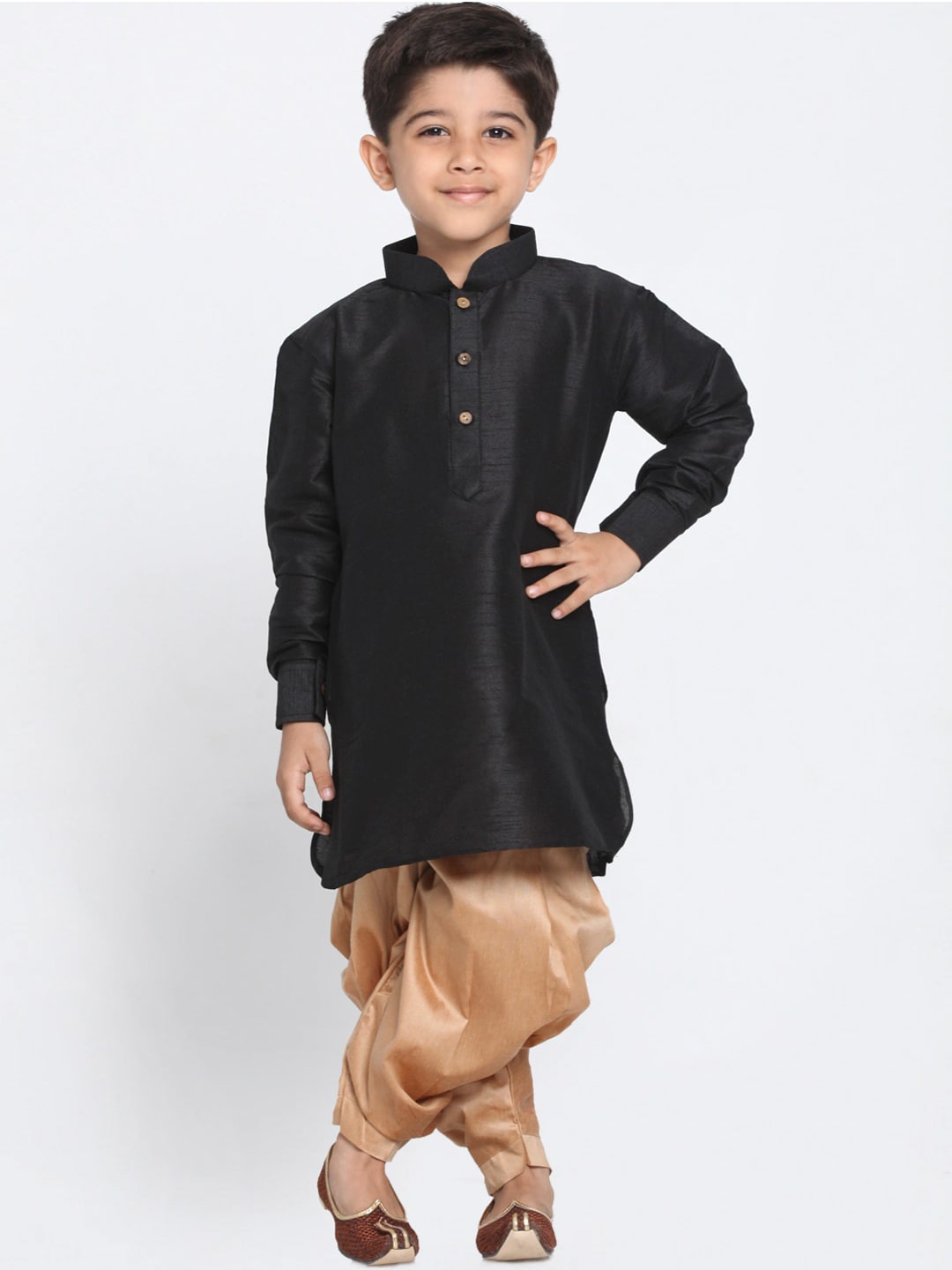 

VASTRAMAY Boys Black Solid Regular Silk Blend Kurta with Dhoti Pants