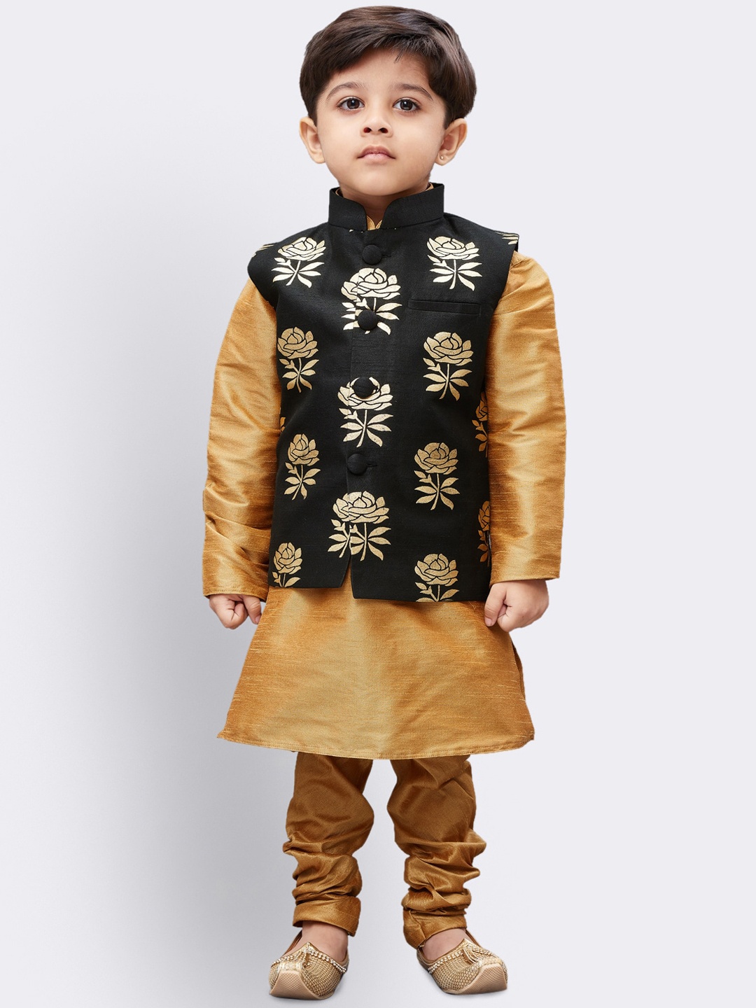 

VASTRAMAY Boys Gold-Toned Solid Regular Kurta With Churidar & Nehru Jacket