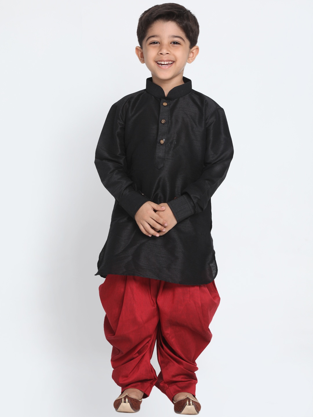 

VASTRAMAY Boys Black and Maroon Silk Blend Kurta and Dhoti Set