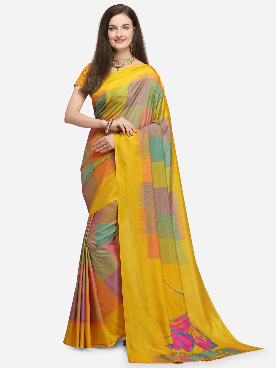 

KALINI Women Yellow Poly Crepe Checked Saree