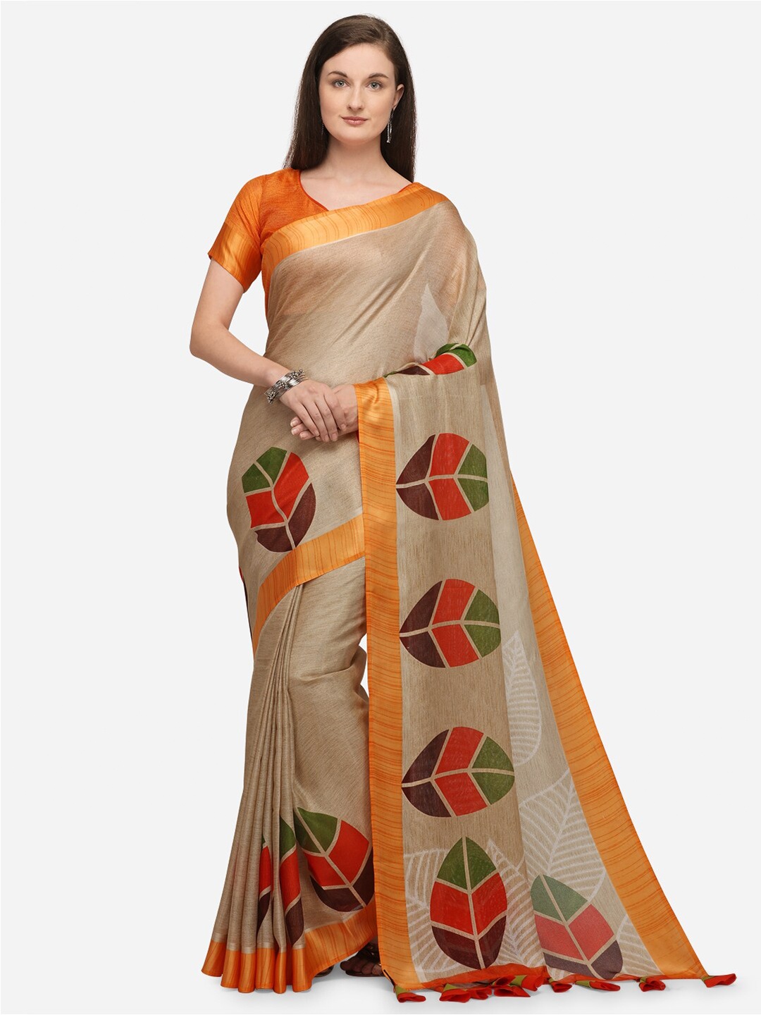 

KALINI Women Orange & Beige Jute Silk Printed Saree