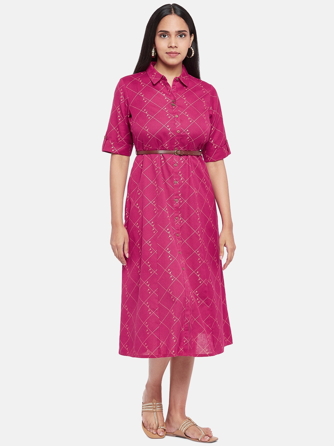 

AKKRITI BY PANTALOONS Pink Geometric Printed Pure Cotton Shirt Midi Dress, Red