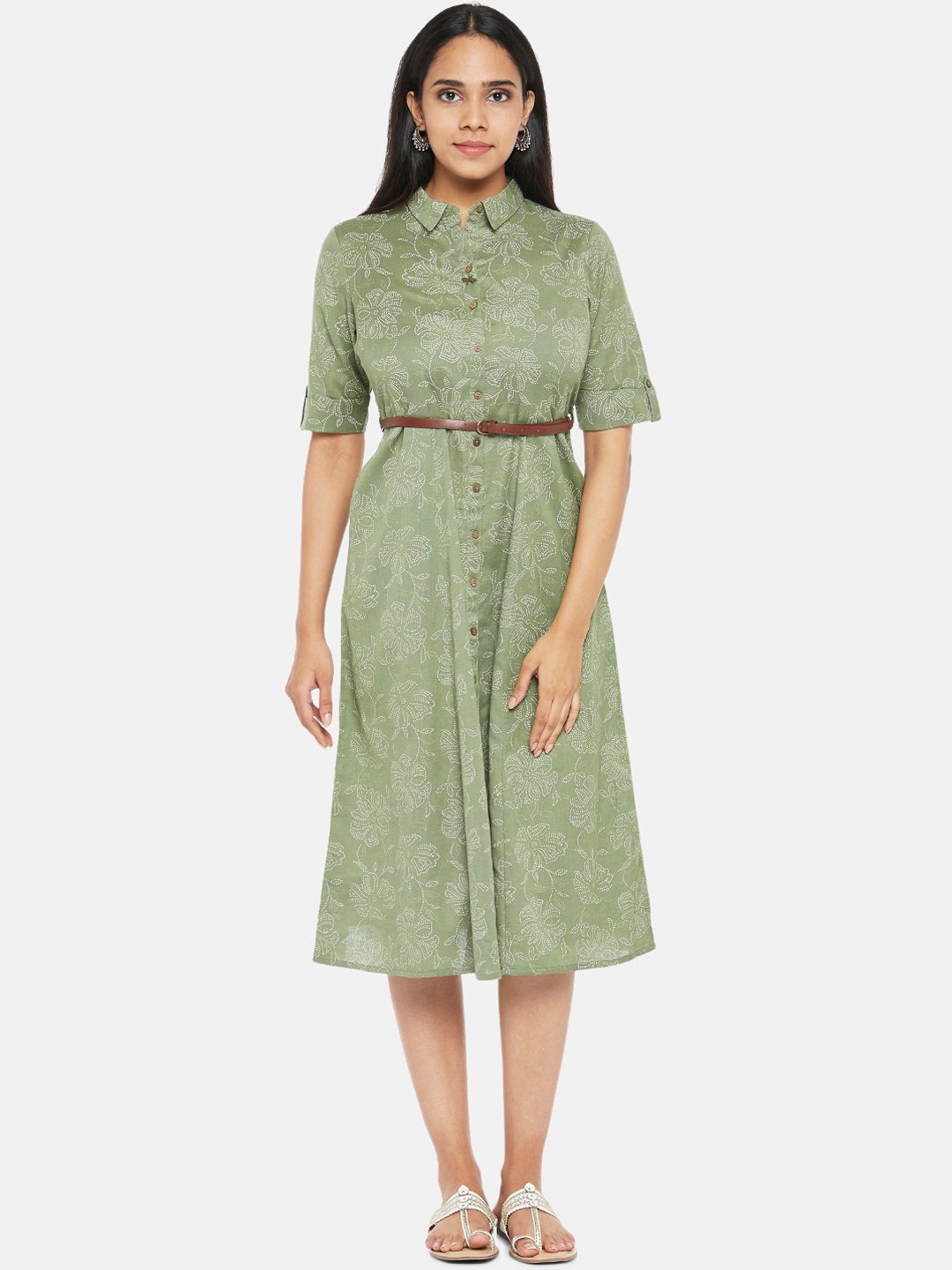 

AKKRITI BY PANTALOONS Olive Green Printed Pure Cotton Shirt Midi Dress