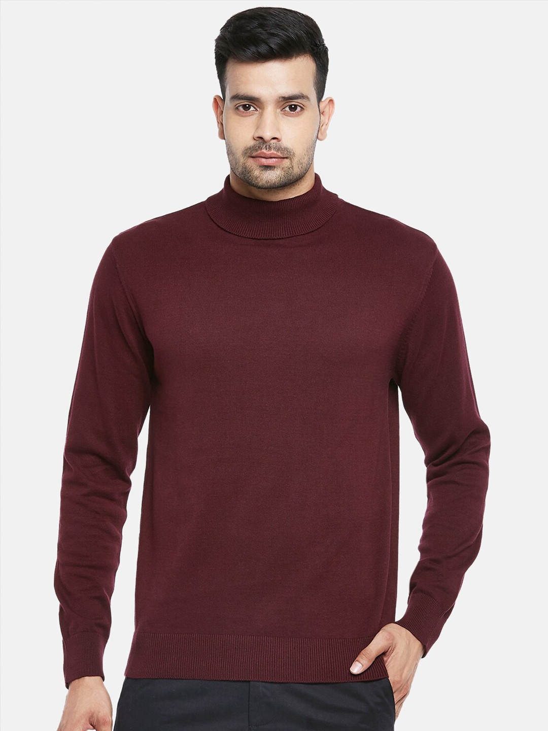 

BYFORD by Pantaloons Men Burgundy Pure Cotton Solid Pullover Sweater