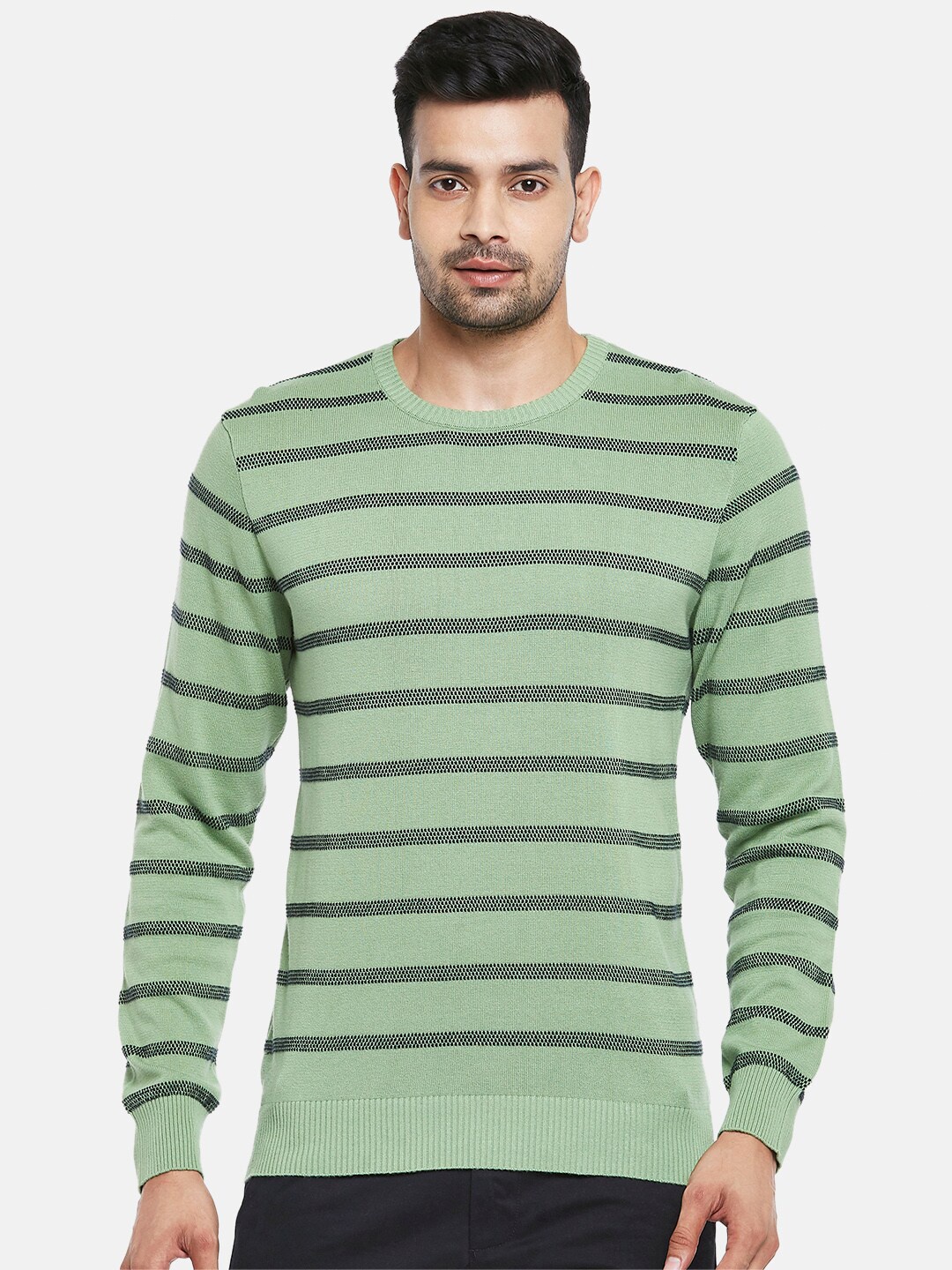 

BYFORD by Pantaloons Men Green & Black Pure Cotton Horizontal Striped Pullover Sweater